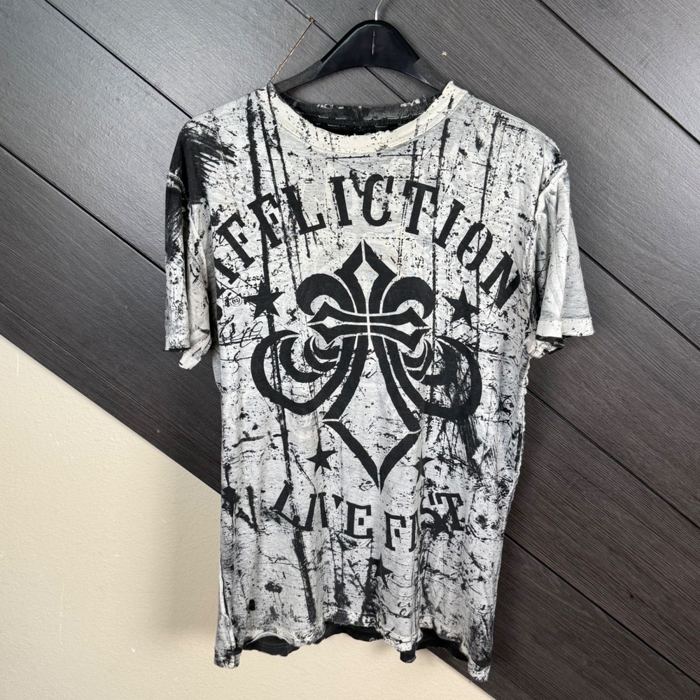 Affliction Men's Reversible Graphic T Shirt Large Black White Y2K Grunge